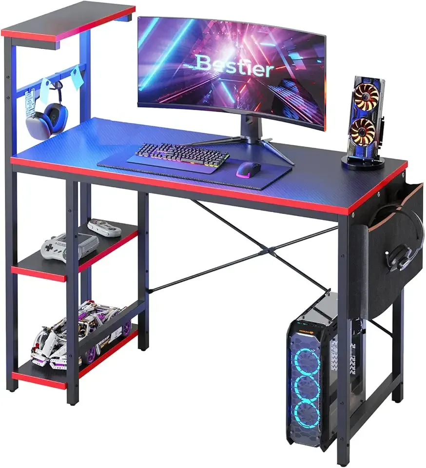 Bestier Gaming Desk with LED Lights, 44 Inch PC Gamer Desk for Small Spaces, Computer Desk with Reversible Storage Shelves & Side Storage Bag (Black 3D Carbon Fiber)