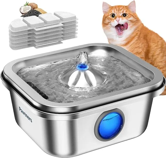 Cat Water Fountain Stainless Steel, 4L/135oz Cat Fountain, Automatic Dog Drinking Dispenser with Water Level Window, 6 Filters, Metal Pet Water Bowl…