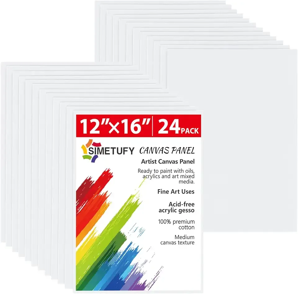 Simetufy 24 Pack 12 x 16 inch Large Canvas Boards for Painting- Gesso Primed Acid-Free 100% Cotton Canvas Panels for Acrylics Oil Watercolor Tempera Paints
