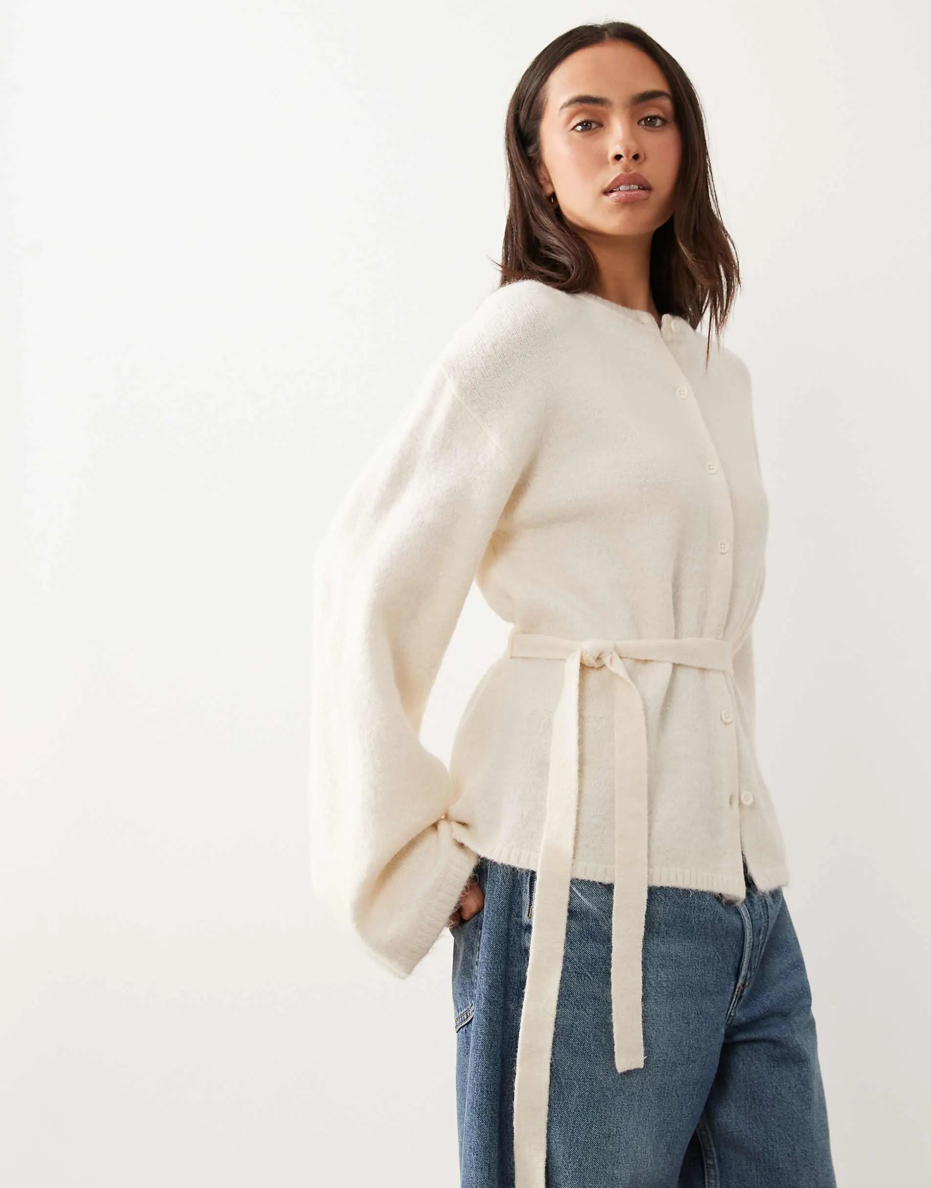 Gina Tricot wool alpaca knitted tie cardigan in cream