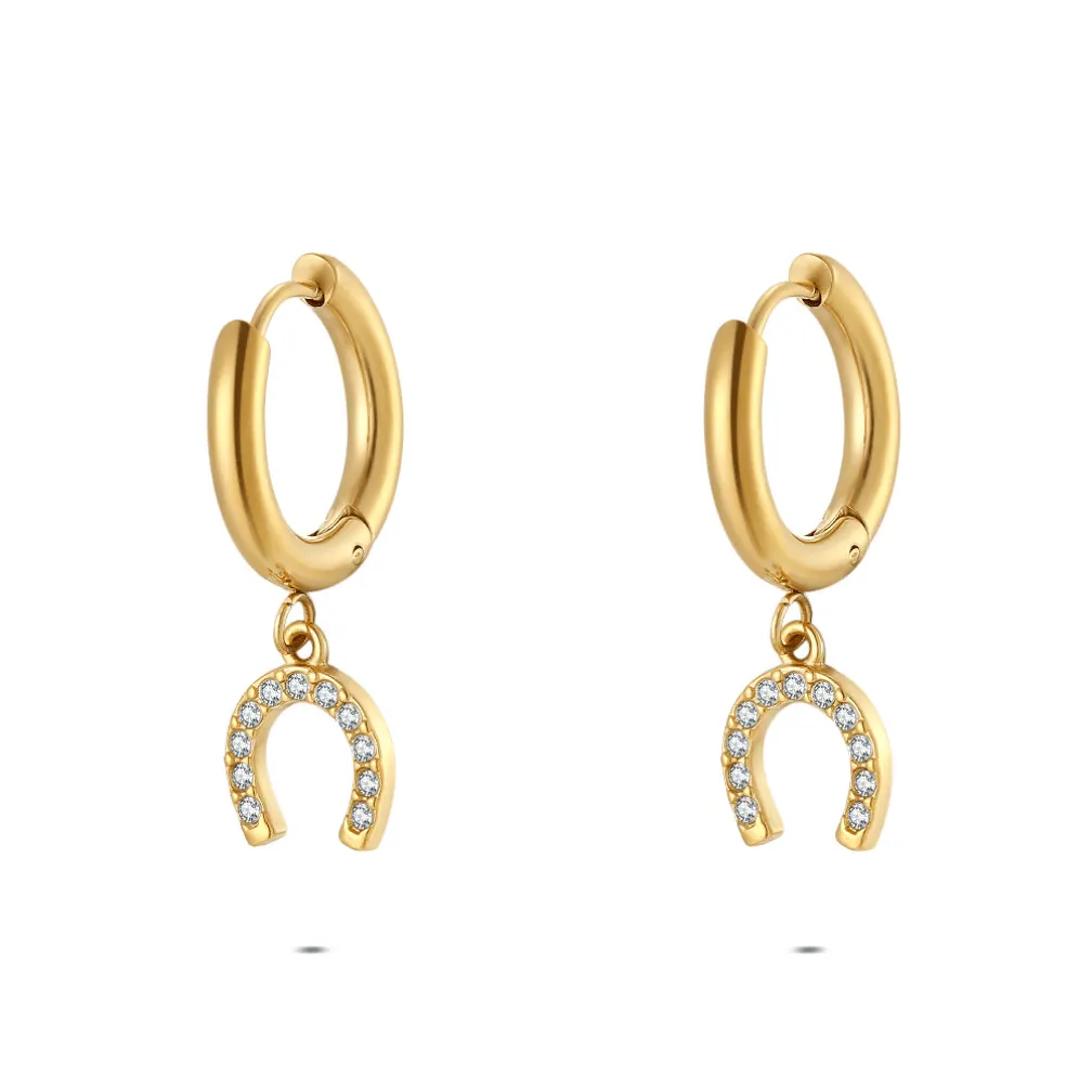 Oorbel in edelstaal, hoefijzer met zirkonia