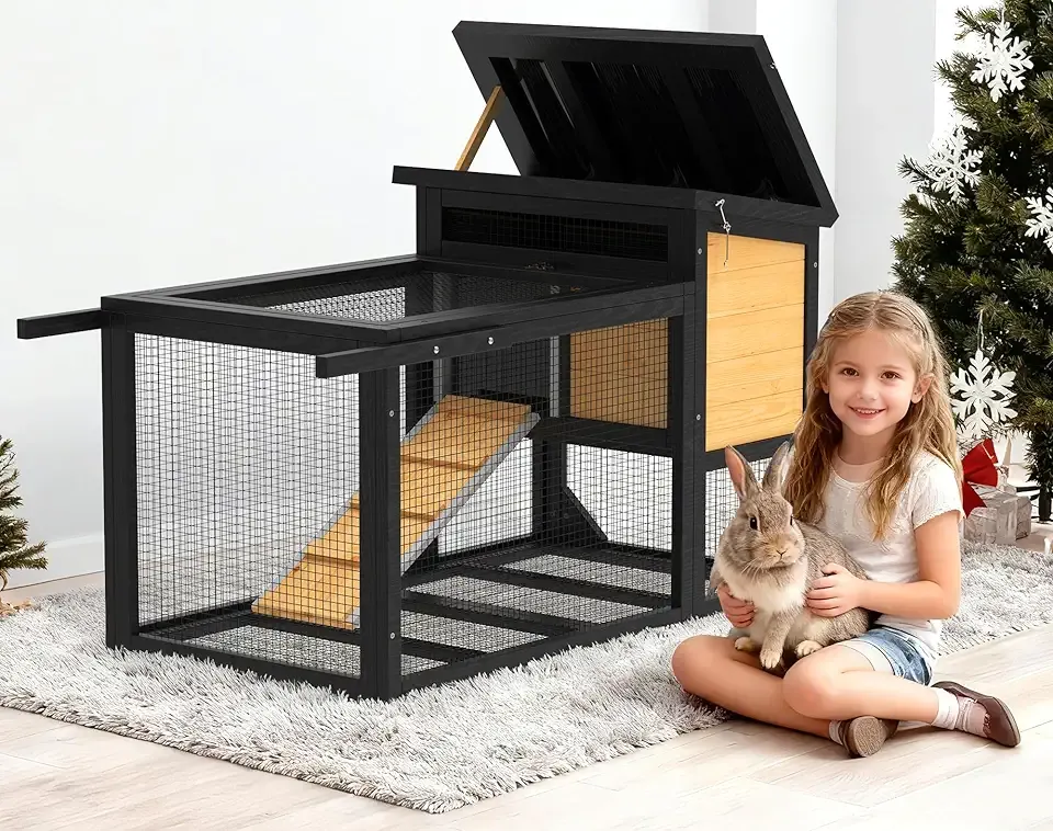 2-Story Rabbit Cage with Wheels, Bunny Hutch w/Chew-Proof Ramp, Indoor Outdoor Bunny Cage w/Leak-Proof Trays and Openable Waterproof Roof for Rabbits, Guinea Pig, Small Animal Yellow
