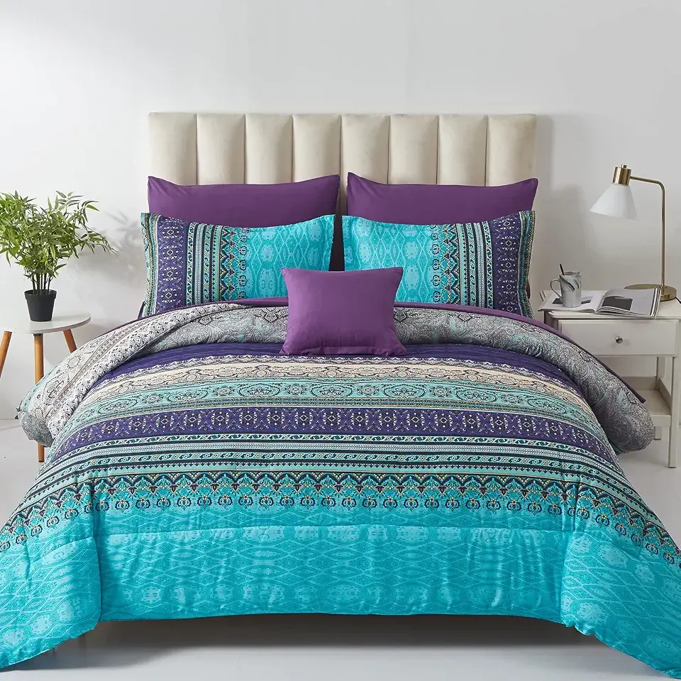 Cottolester Boho Comforter Set Queen Size 8 Piece Bed in a Bag Bohemian Striped Bedding Quilt Set Aqua Paisley Floral Comforter and Sheet Set,Soft Microfiber Complete Bedding Sets for All Season