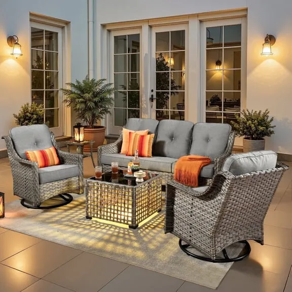 Deal , Ovios 5 Pieces Outdoor Patio Furniture Set High-Back Rattan Wicker Conversation Set Outdoor Sectional with Swivel Chairs & Solar Light Coffee Table, Dark Grey