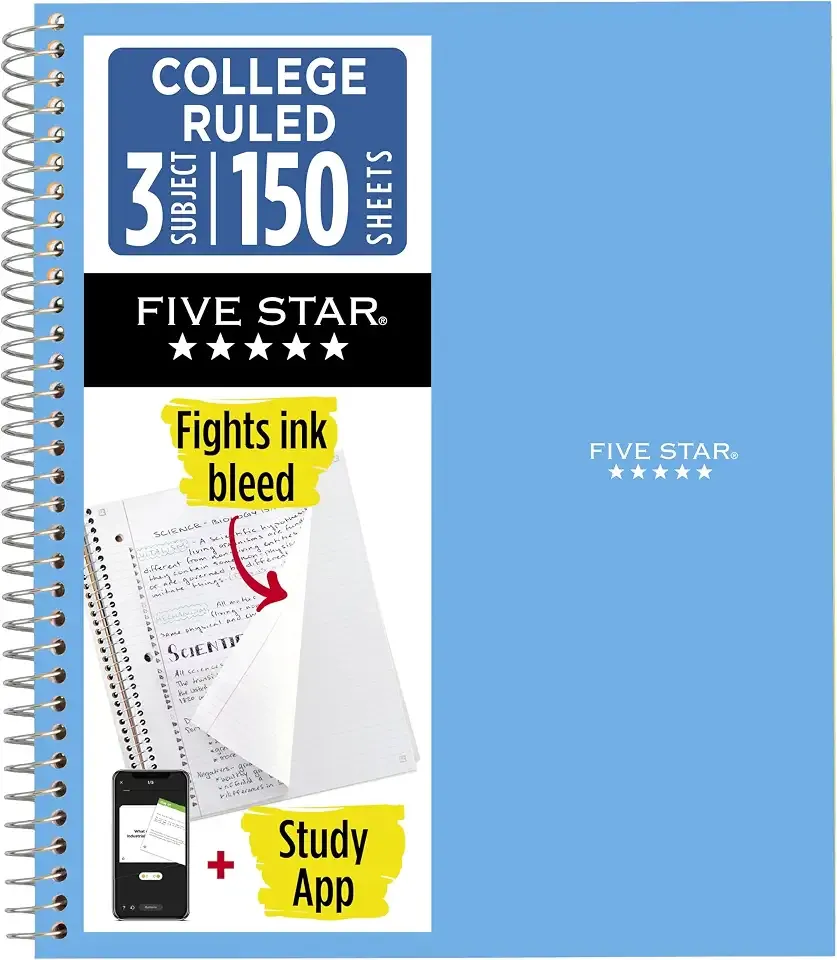 Five Star Spiral Notebook + Study App, 3 Subject, College Ruled Paper, 8.5" x 11", 150 Sheets, Blue (Color May Vary) (820003NH0)