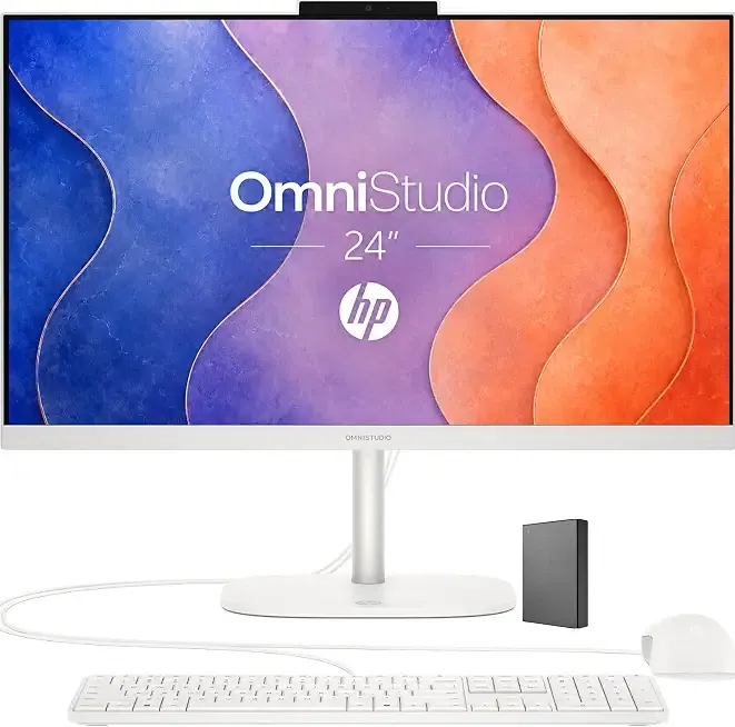 HP 24“ OmniStudio All-in-One Desktop Computer, 8GB DDR5 RAM, 128GB UFS | Full HD Ultra-thin Screen, Intel Quad-Cores, WiFi6, Keyboard & Mouse, Windows 11, Built for home. Ready for everyone.