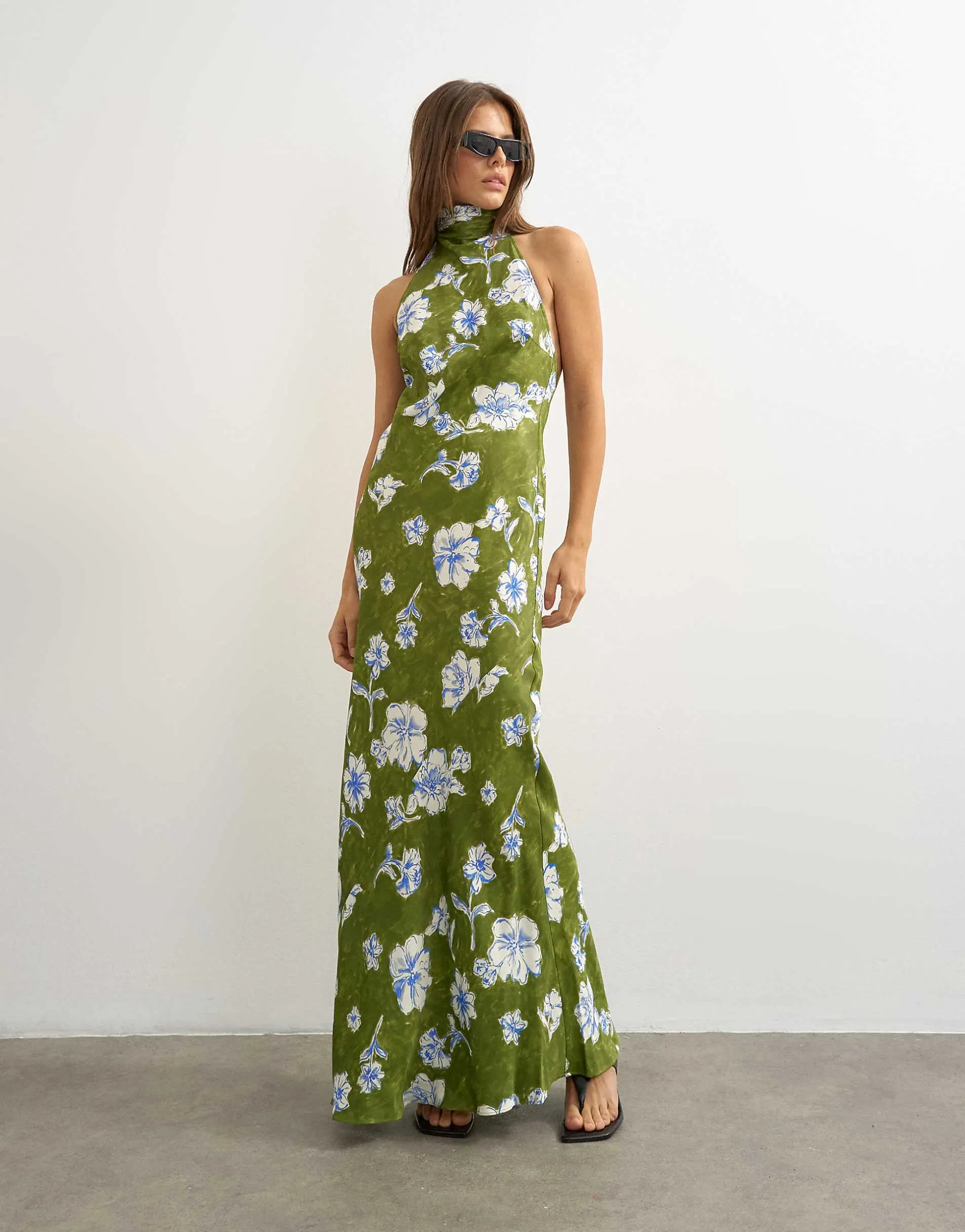 Topshop satin bias collapsed funnel halter neck maxi dress with open back in green floral
