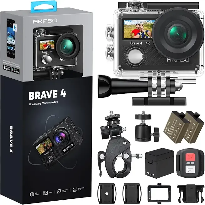 Brave 4 Action Camera 4K 30fps Ultra Hd Video 20MP Photo, EIS, WiFi, 2X Batteries, Waterproof Underwater Camera, Camcorder Bundle for Snorkel, Travel, Motorcycle, Bicycle, Helmet Accessories Kit