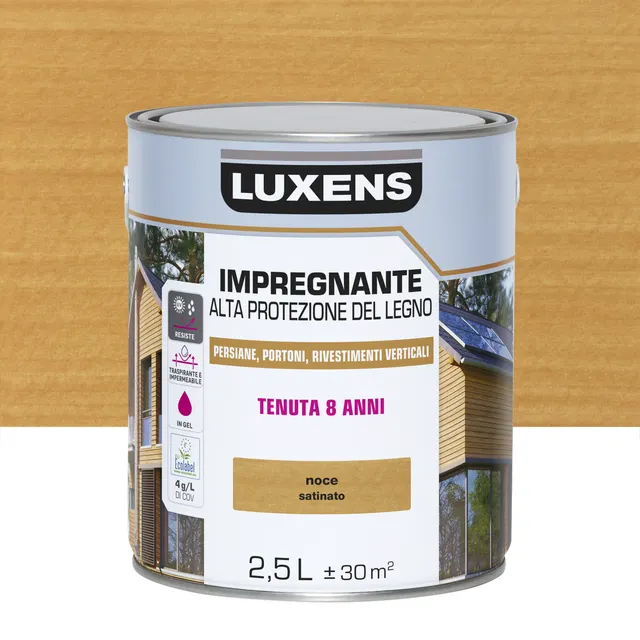 Impregnante per legno da esterno a base acqua LUXENS Alta Protezione noce chiaro satinato 2.5 lt, 8 anni di protezione.