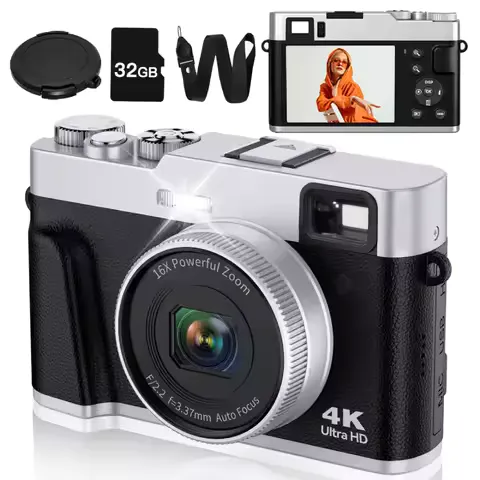 ZOSTUIC 4K Digital Camera, Autofocus 48MP Vlogging Camera, 16X Digital Zoom Video Camera Anti-Shake with 32GB Card - Black