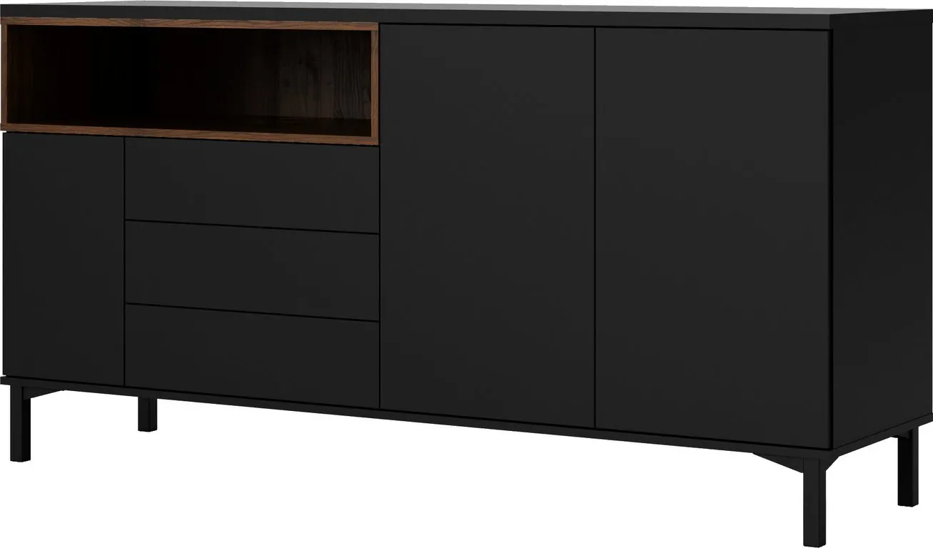 Holstebro skjenk 176 x 48, H 90 cm, med 3 dører og 3 skuffer, svart/valnøtt