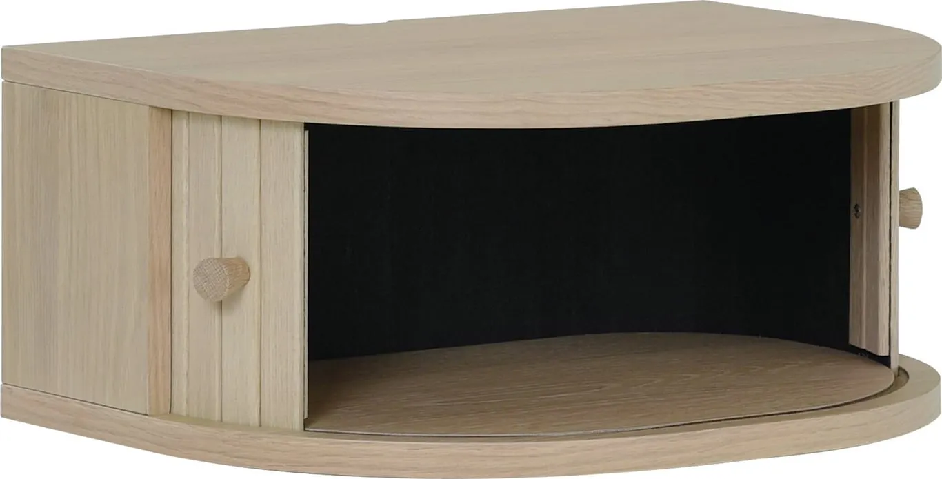 Slide nattbord avrundet H20x48x34cm med veggoppheng, hvitpigmentert eikefiner, lakkert