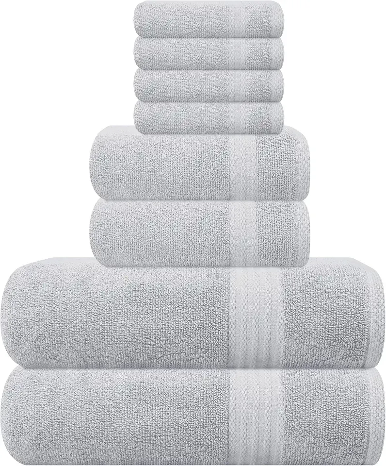 GLAMBURG Ultra Soft 8 Piece Towel Set - 100% Pure Ring Spun Cotton, Contains 2 Oversized Bath Towels 27x54, 2 Hand Towels 16x28, 4 Wash Cloths 13x13 - Ideal for Everyday use, Hotel & Spa - Light Grey