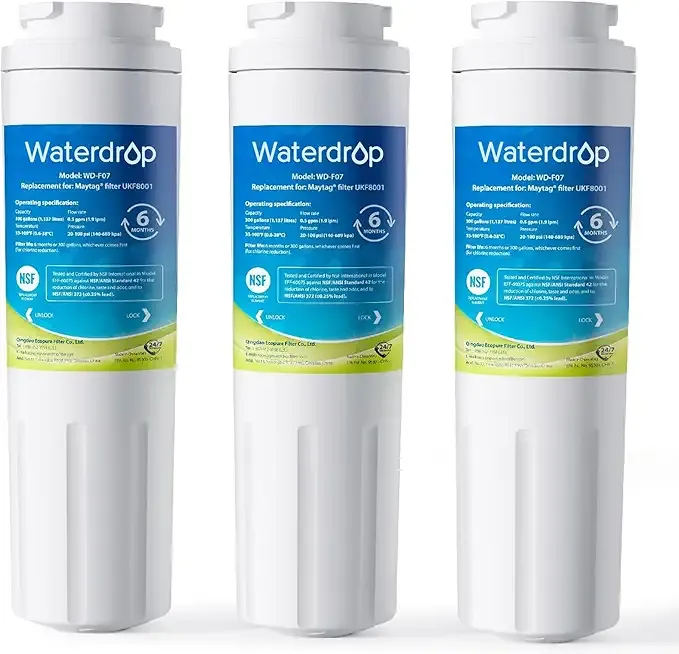 Waterdrop EDR4RXD1 Replacement for EveryDrop® Filter 4, Whirlpool® UKF8001, 4396395, Maytag® UKF8001AXX-200, UKF8001AXX-750, WD-F07, Refrigerator Water Filter, 3 Filters (Package May Vary)