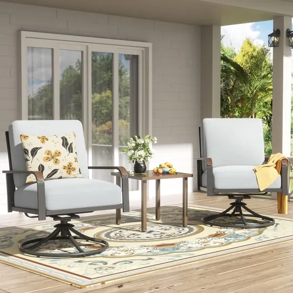 NATURAL EXPRESSIONS Swivel Rocking Chairs Patio Furniture Set, 3 Piece Outdoor Bistro Conversation Set with 2 Rockers, 1 Metal Table, 6" Thick Cushions for Backyard, Porch, Balcony, Gray, Price Now $309.99 Was $341.98