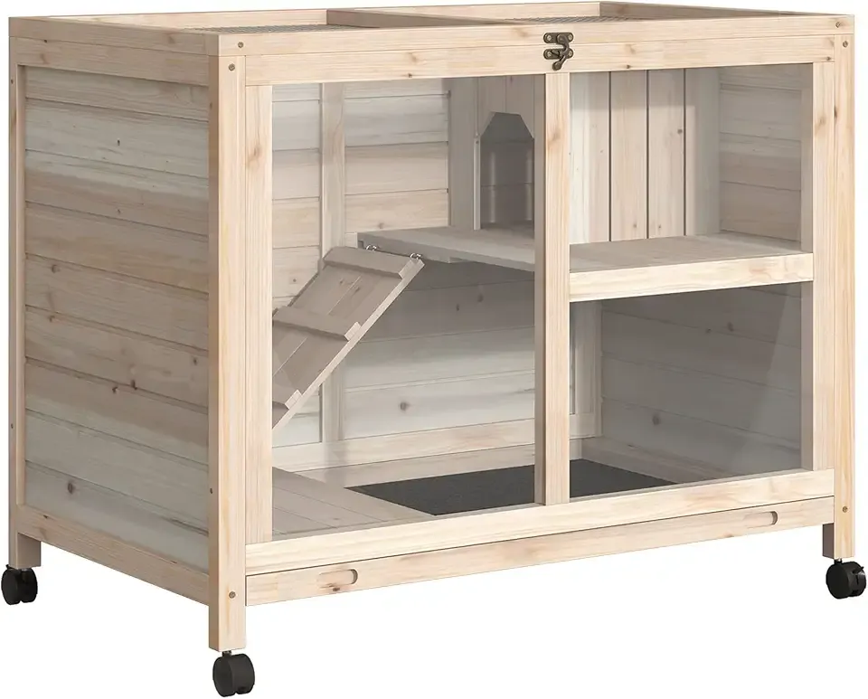 PawHut Rabbit Hutch with Wheels, Desk and Side Table Sized, Wooden Rabbit Cage, Waterproof Small Bunny Cage with Removable Tray, Openable Roof, for Indoor & Outdoor, Natural