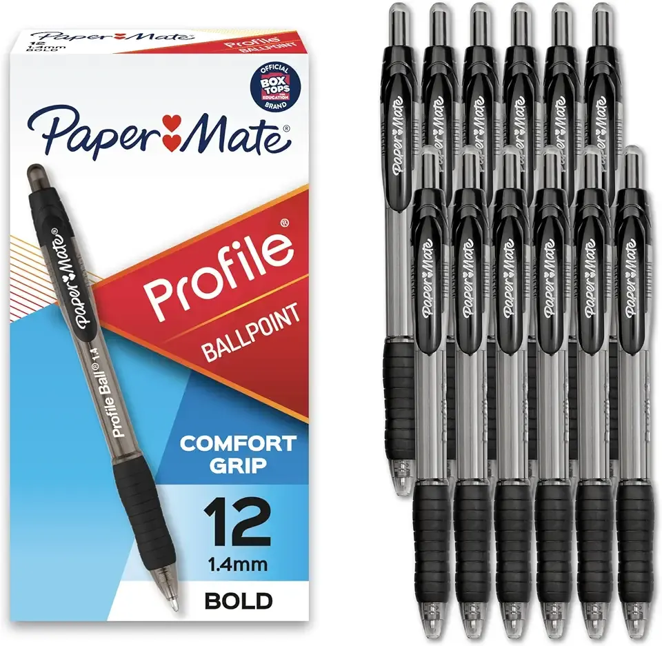 Paper Mate Profile Retractable Ballpoint Pens, Bold Point (1.4mm), Black Ink, 12 Count - Writing, Journaling, Office Supplies