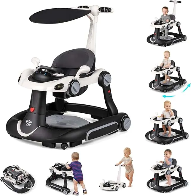 BABY JOY 7-in-1 Baby Walker, Foldable Baby Walker and Bouncer Combo with Handle, Adjustable Height & Speed, Music, Lights, Rocker/Push Mode, Baby Walker with Wheels…