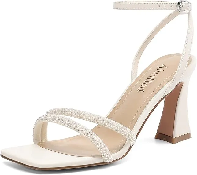AIUNIIND Chunky Heels for Women, Square Open Toe Strappy Sandals, 3.15 Inch | High Thick Heel Shoes, Adju…
