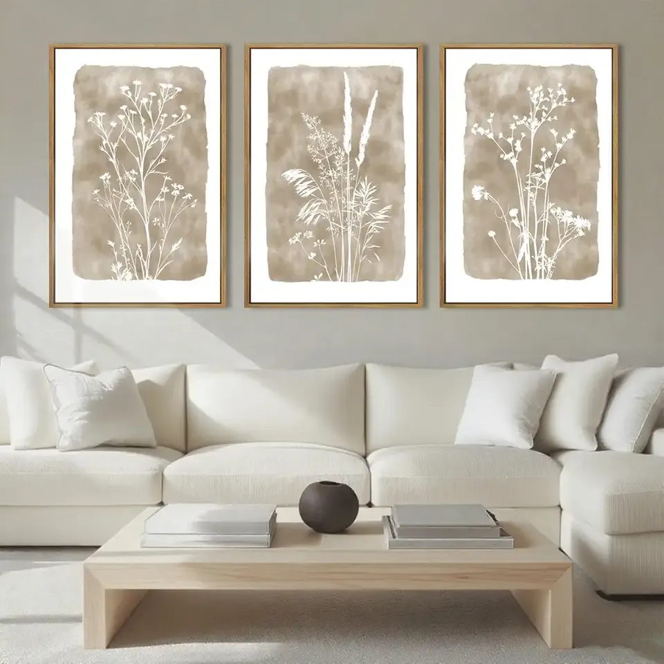 ANHUIB Extra Large Beige Floral Wall Art 24x36 Inch Neutral Floral Wall Decor Vintage Flower Artwork for Living Room Bedroom Office Set of 3