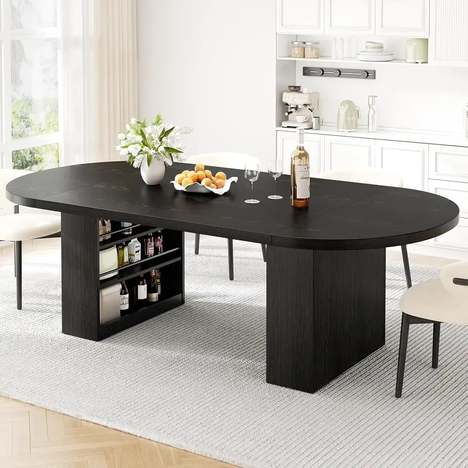 Jocoevol 70.8" Dining Table for 6-10 People, Oval Dining Room Table with 3-Tier Storage Shelf, Modern Black Kitchen Tables with Heavy Duty Pedestal Base for Home, Dining Room, Black