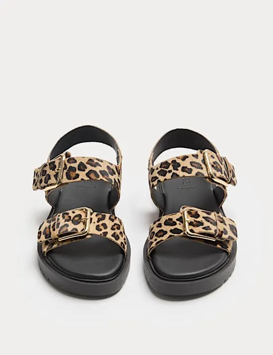 Leather Leopard Print Flatform Sandals