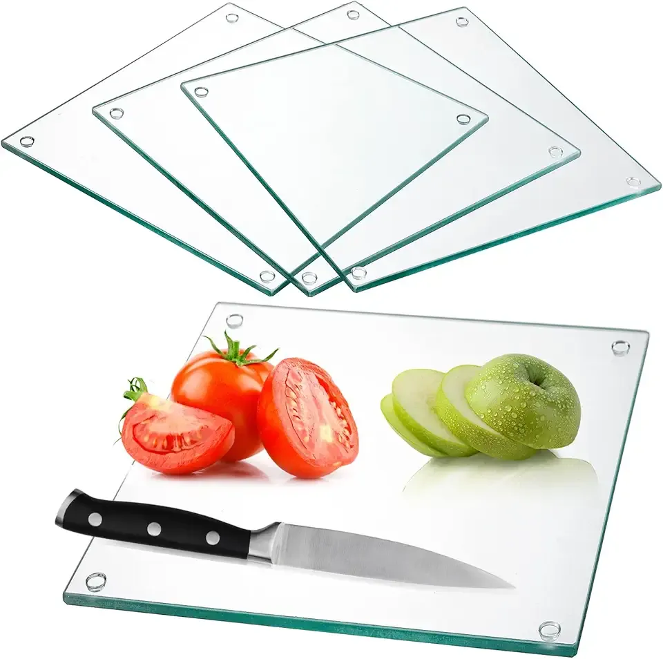 Hacaroa Set of 4 Tempered Glass Cutting Board, 10"x10" Small Square Chopping Board with Rubber Feet, Non-slip Glass Tray for Kitchen Countertop, Long Lasting, Shatter-Resistant, Clear
