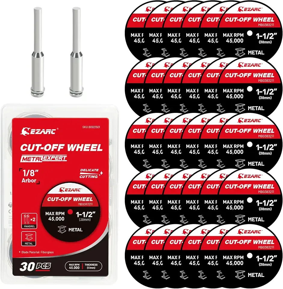 EZARC 1-1/2 Cut Off Wheels, 1.5" x 1/8" Fiberglass Reinforced Rotary Tool Cutting Disc Accessories Include Mandrels, 32-Pack