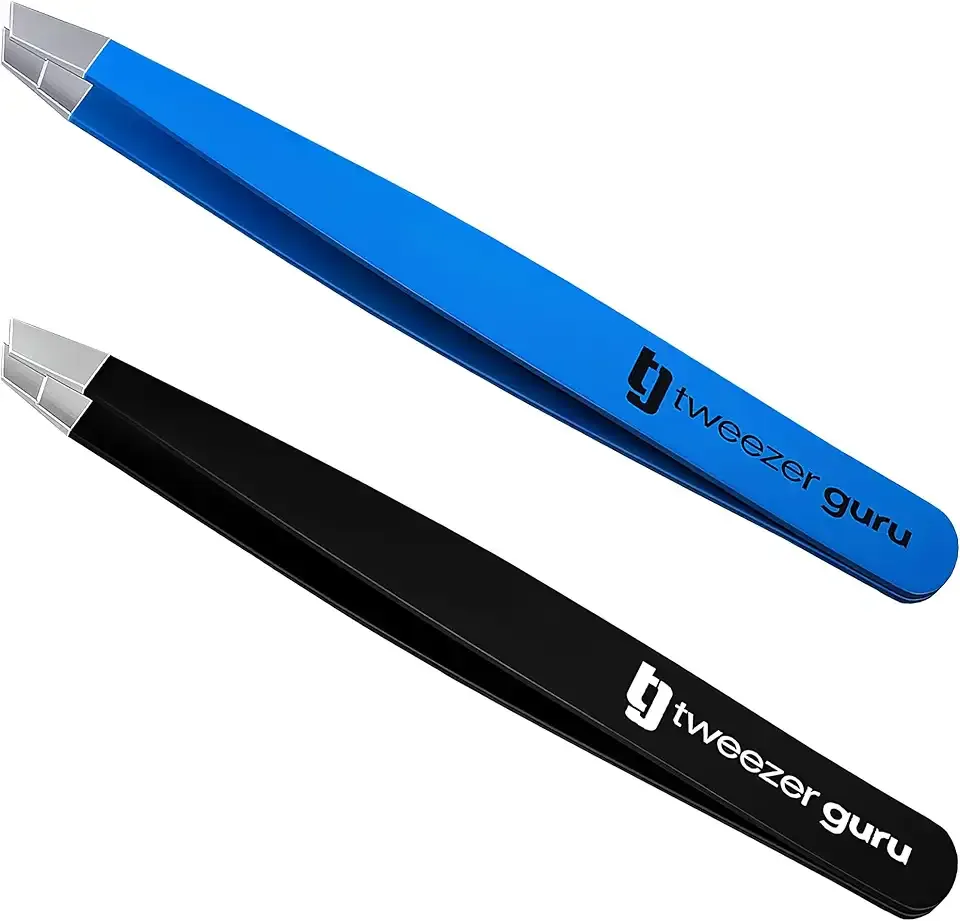 TWEEZER GURU 2 piece - Slant Pointed Precision Tweezers for Eyebrows, Ingrown Hairs, Blackheads - Sharp Needle Nose for Plucking, Splinters