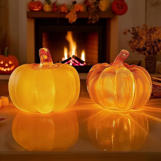 2 calabazas de Halloween con iluminación LED de 7 x 7 x 7 cm (naranja y amarilla), decoraciones de calabaza de otoño, calabazas para fiestas de Hallow
