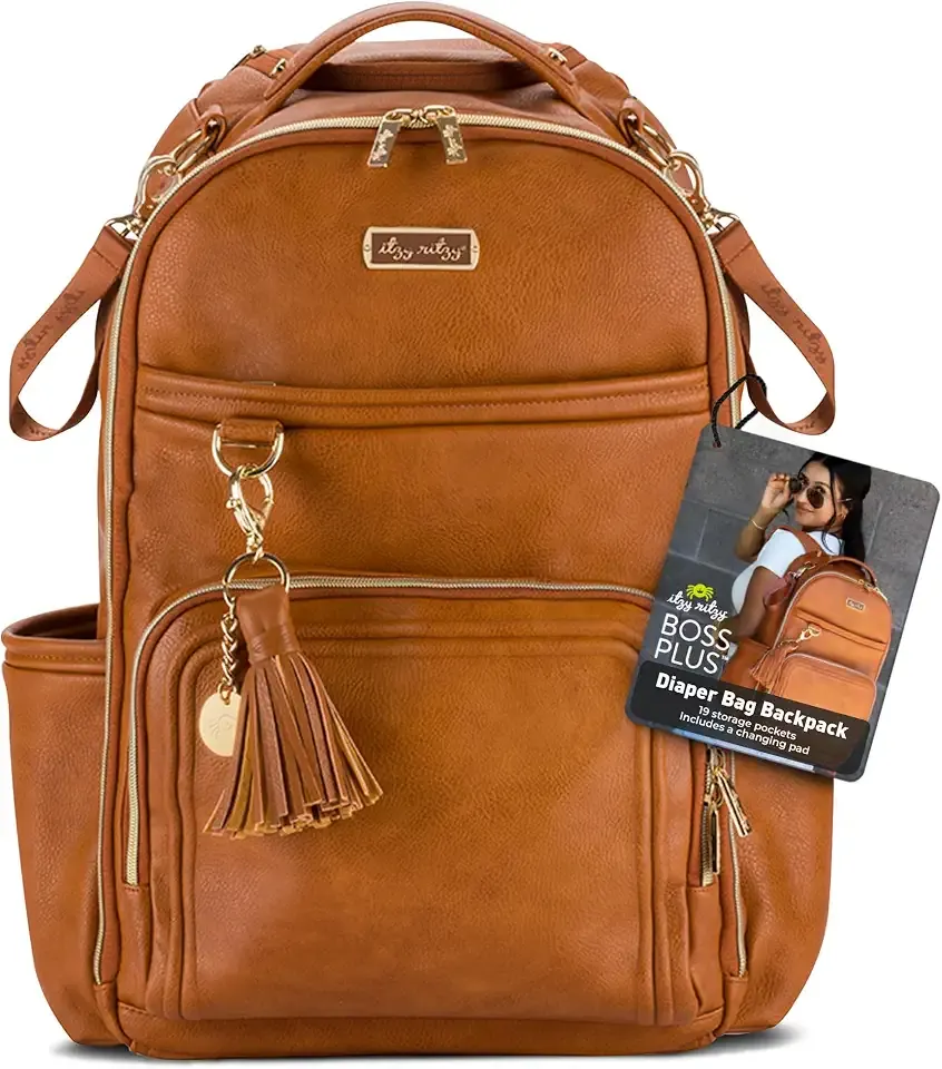 Itzy Ritzy Boss Plus Large Diaper Bag Backpack with 19 Pockets (Cognac) | Includes 2 Insulated Bottle Pockets, Changing Pad, Stroller Clips, Comfortable Padded Straps, Easy-to Clean, Travel-Ready