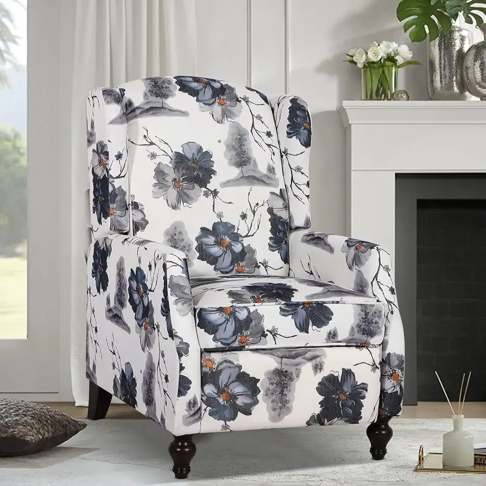 Wingback Recliner Chair - Tufted Arm Chair Recliner - Fabric Push Back Single Sofa for Living Room Adjustable Backrest (Blue Floral)