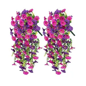2 Flores Artificiales Colgantes para Jardín - Morning Glory 75 cm | Decoración Exterior para Porche, Balcón y Patio