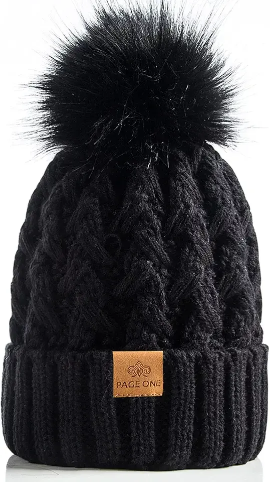 Womens Winter Ribbed Beanie Crossed Cap Chunky Cable Knit Pompom Soft Warm Hat
