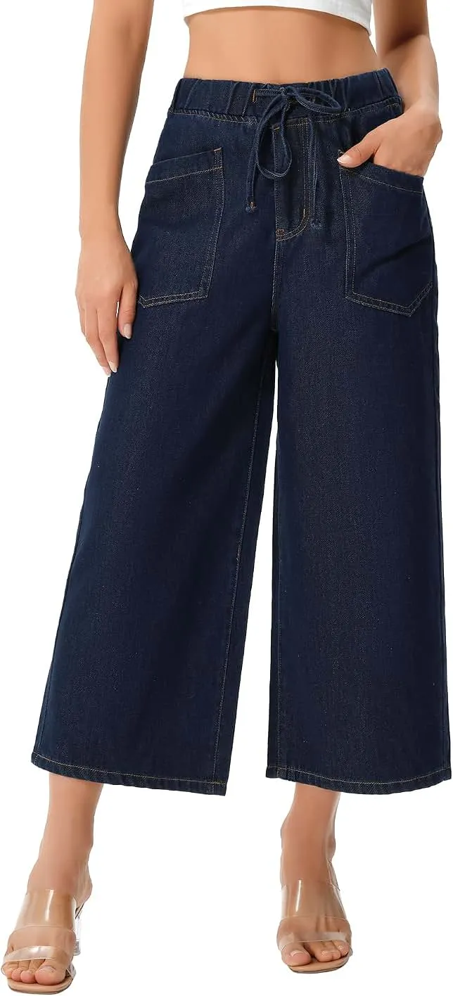 roswear Women's Capri Jeans Stretchy Culottes Pants | Cropped Denim Pants, Wide Leg, Elastic Waist, Drawstring, Everyday Wear, Travel…