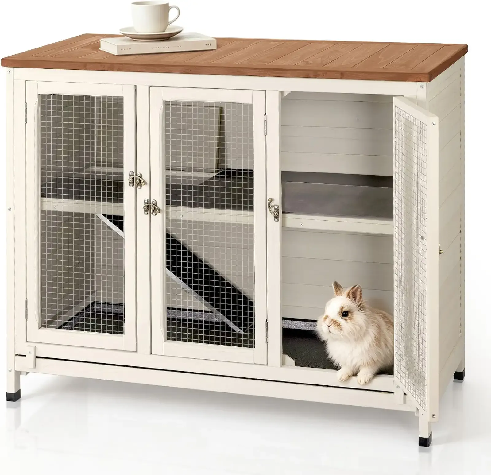 Indoor Rabbit Hutch, Wooden Bunny Cage with Adjustable Divider & Wooden Top | Wooden Top for Extra Storage, Adjustable Divider, Pull-Out Tray, PVC Liner & Urine Guard for Easier Cleaning