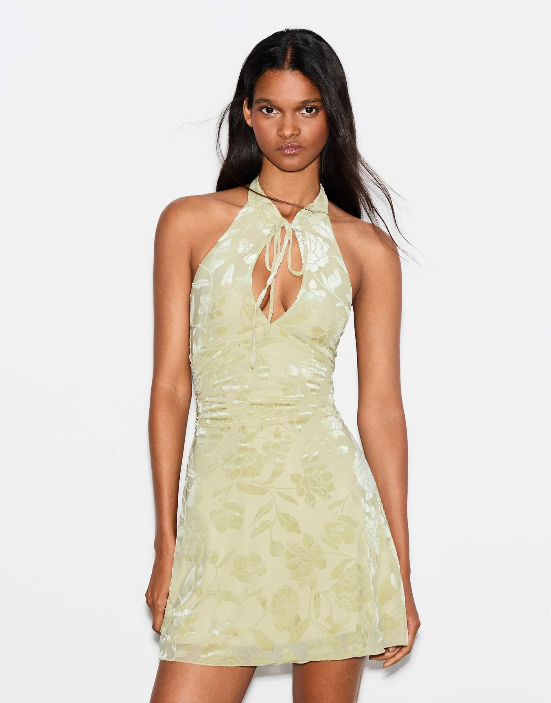 Bershka Flocked tulle halter dress in green