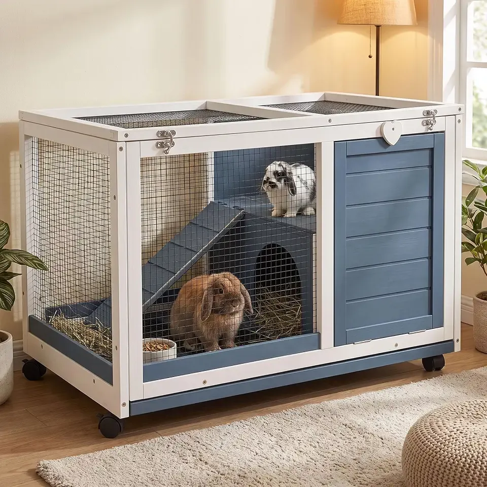 RUNSHED Two Floors Wooden Indoor Bunny Hutch Rabbit Cage on Wheels Guinea Pig PET House for Small to Medium Animals Waterproof No Leak Tray