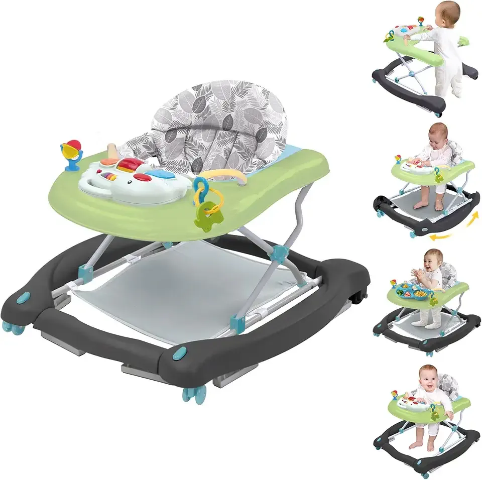 5 in 1 Foldable Baby Walker, Activity Baby Walker-Baby Bouncer, Rocker, Activity Center,Seat and Push Walker,Detachable Trampoline Mat, Adjustable Speed Rear Wheels and Height,Ages 6-18 Months(Green)