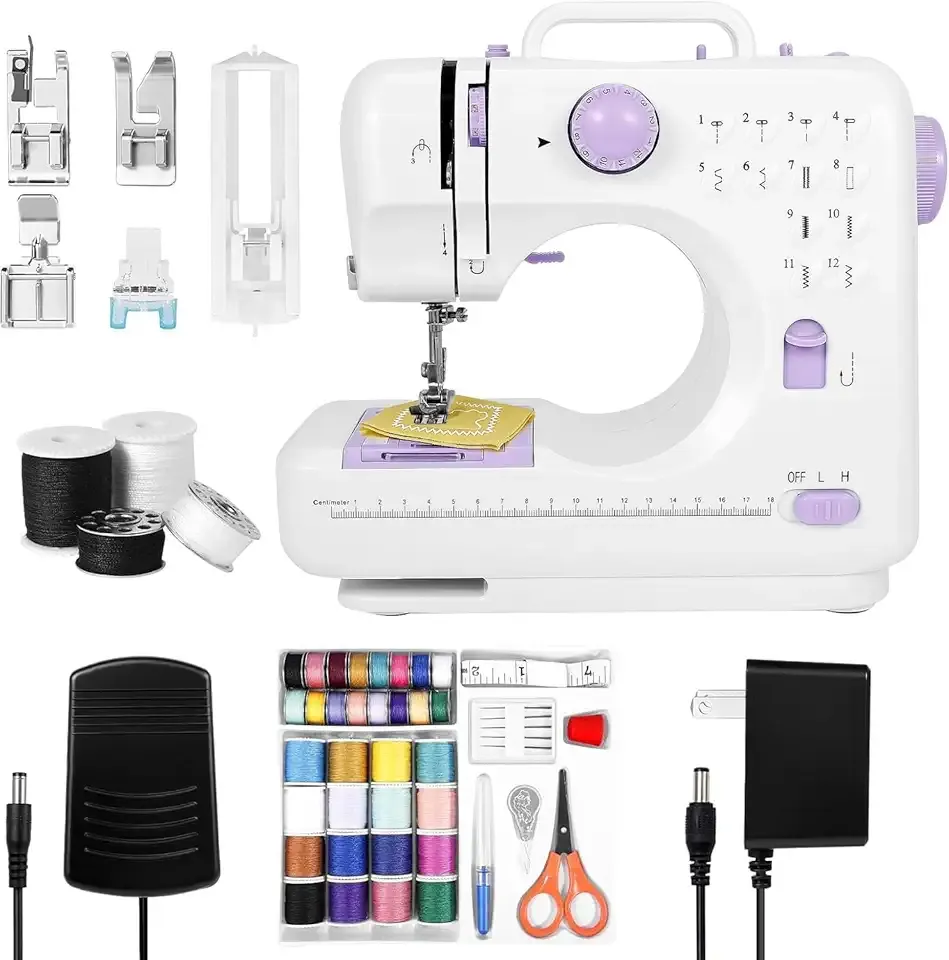 Compact Sewing Machine for Beginners – 12 Built-in Stitches, LED Light, 2 Speed Pedal, and 32 Color Threads for Home Mending & Crafting