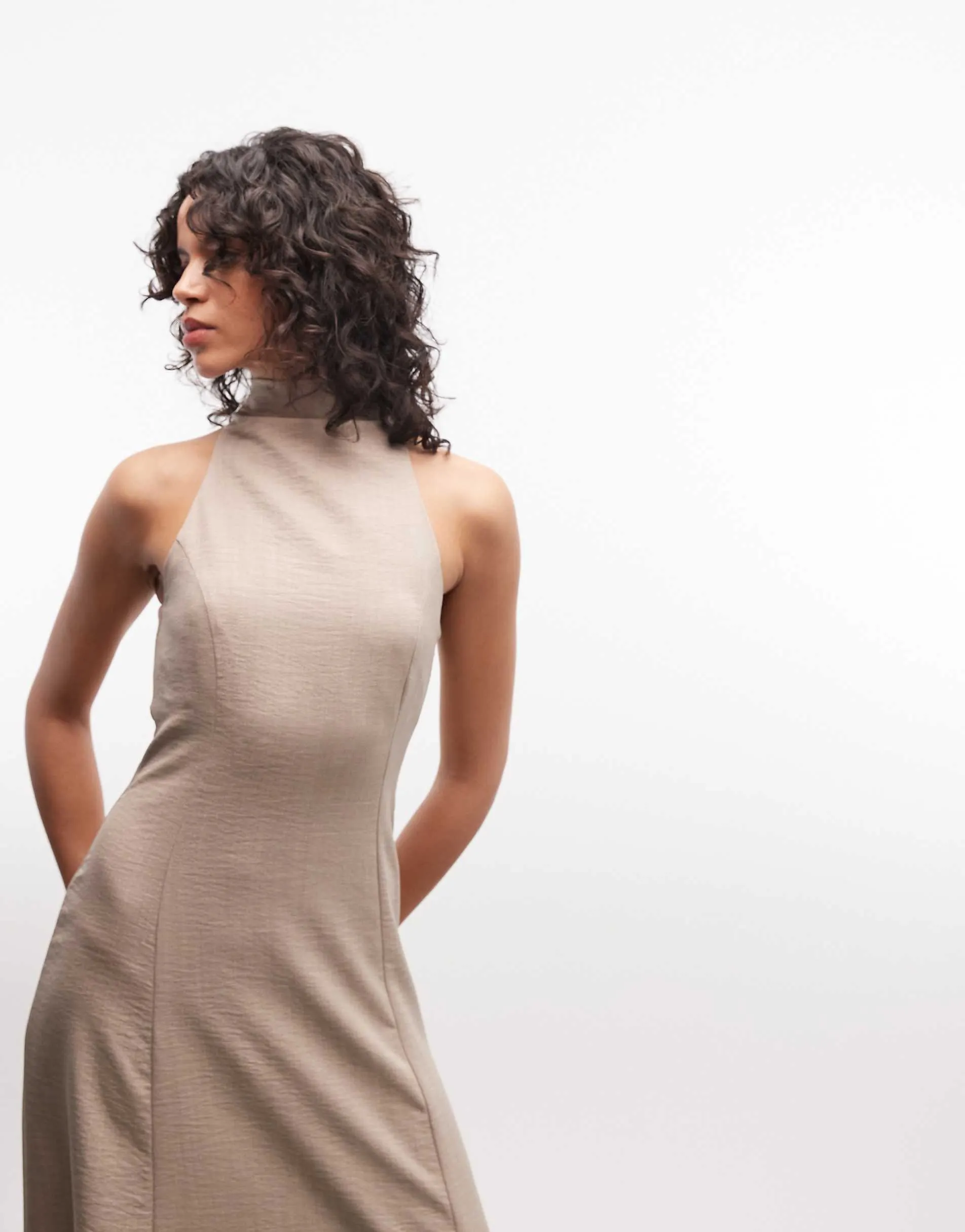 ASOS DESIGN high neck sleeveless swing linen look maxi dress in oat