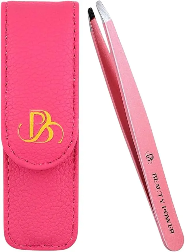 Beauty Power Professional Tweezers in Case - Slant, Durable Lightweight German Stainless Steel, Ultra Precision Tweezers for Eyebrows, Facial Hair, Chin, and Ingr…
