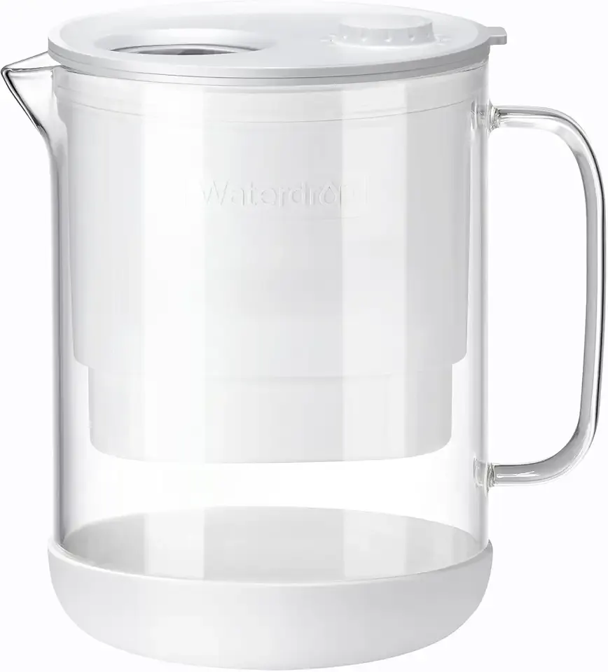 Waterdrop PT-72W Glass Water Filter Pitcher, 7-Cup, Eco-Friendly, NSF/ANSI 53, 42 & 372 Certified Filter, Reduces PFOA/PFOS, Chlorine, Cadmium, Copper & Mercury, BPA-Free, Easy to Clean, White