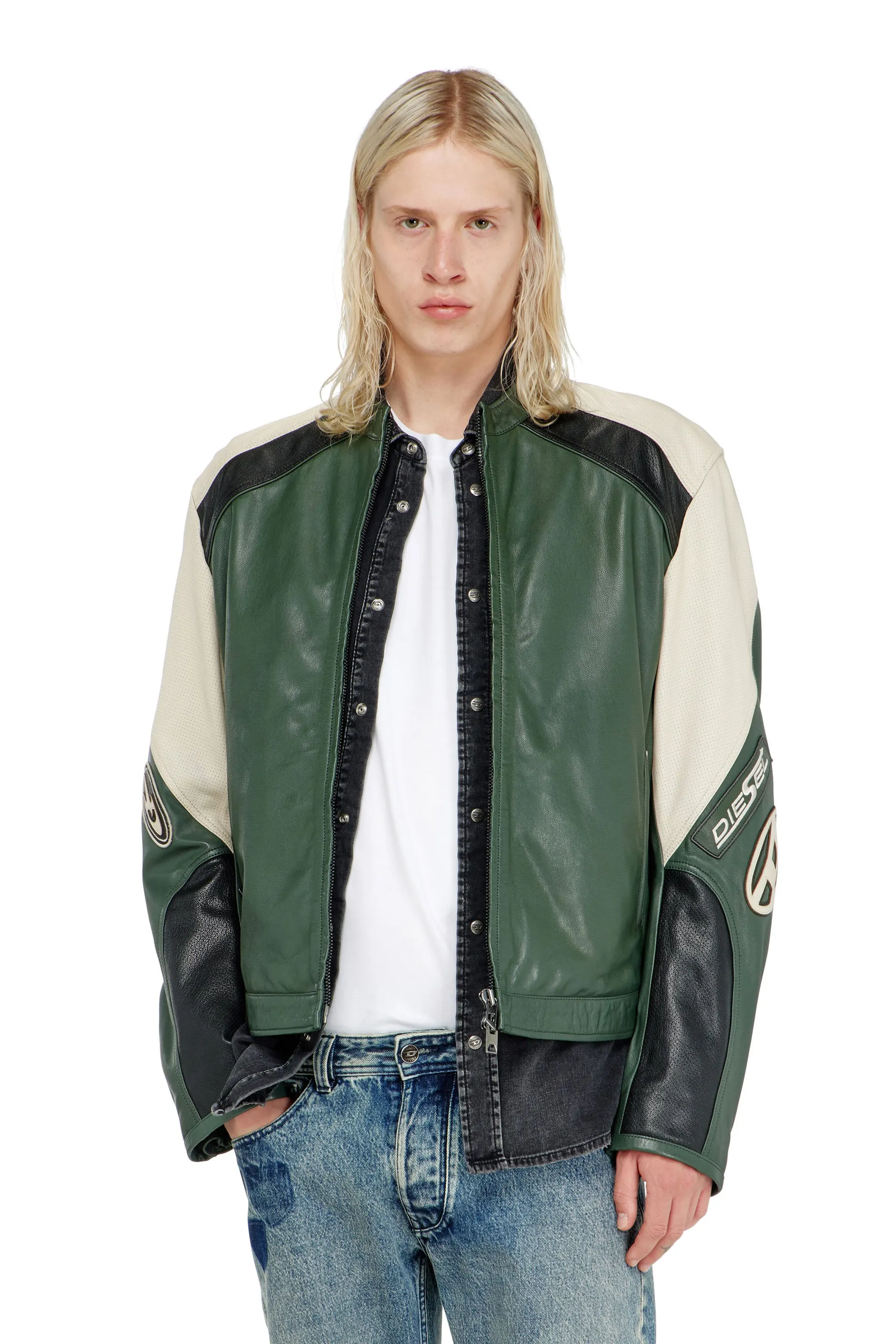 Biker jacket in colour-block perforated leather