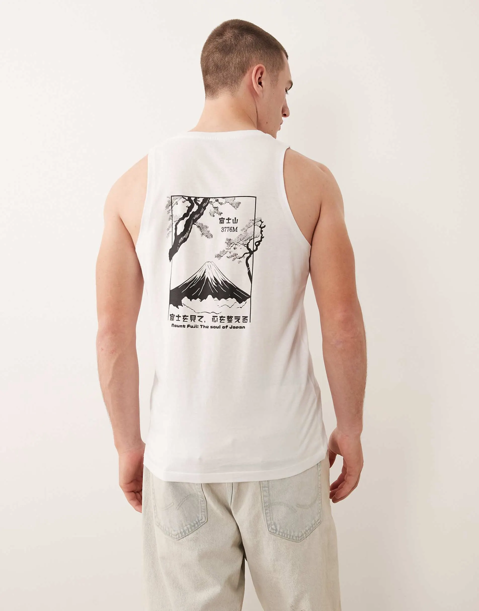 Jack & Jones oversized singlet with Japanese mountain back print in white