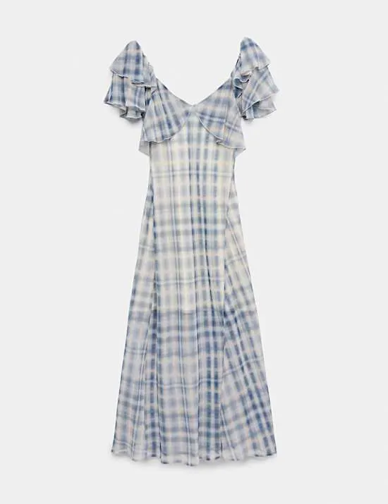 Checked Frill Sleeve Maxi Column Dress