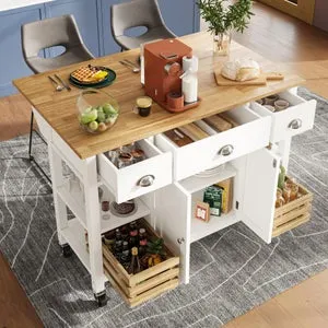Moderna Isla de Cocina de MDF Blanco - Aparador, Carrito Esencial y Mesa Ajustable con Cesta de Pino