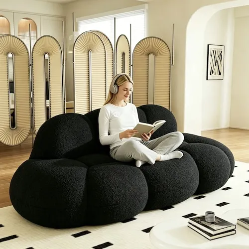 Magic Home 90 in. Black Lamb Fleece Fabric Cloud Sofa Curved Leisure Sofa, No Assembly Required