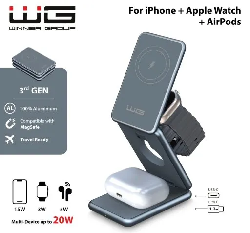 Bezdrátová nabíječka 3in1 15W+5W+3W šedá