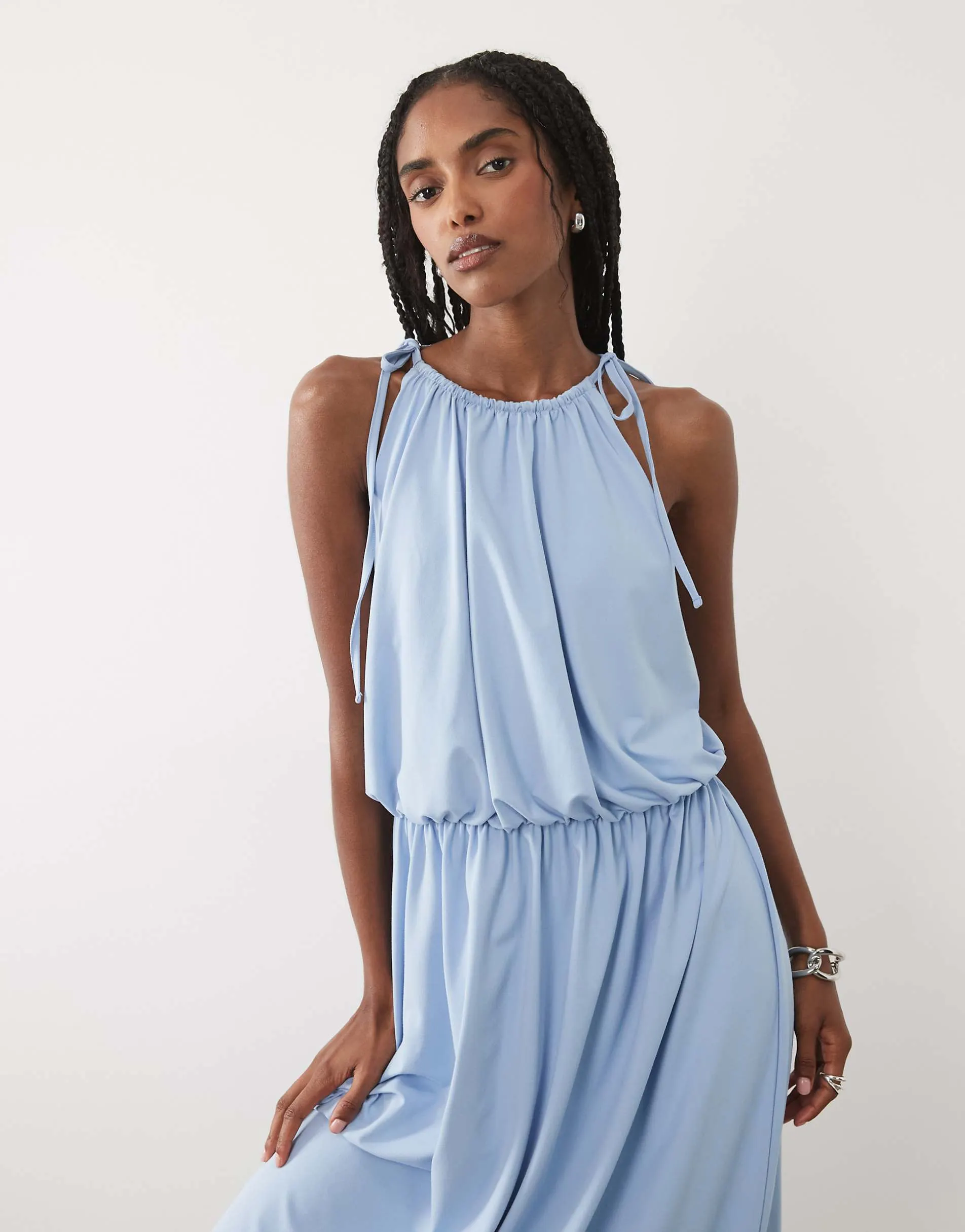 ASOS DESIGN halter neck with blouson maxi dress in light blue